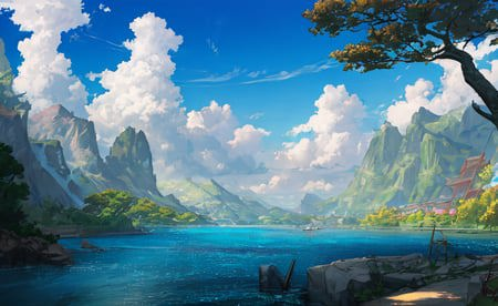 08805-521099591-ConceptArt, no humans, scenery, water, sky, day, tree, cloud, waterfall, outdoors, building, nature, river, blue sky.png